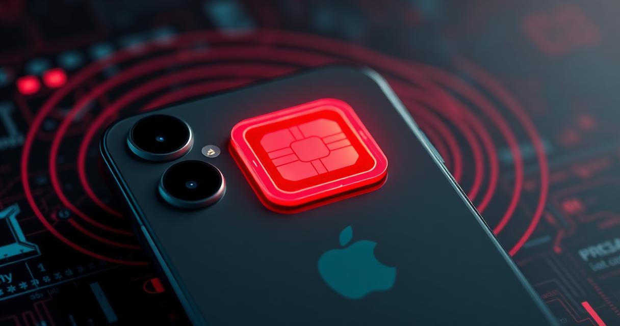 iPhone com chip eSIM vermelho brilhante e ondas de sinal 5G da Claro