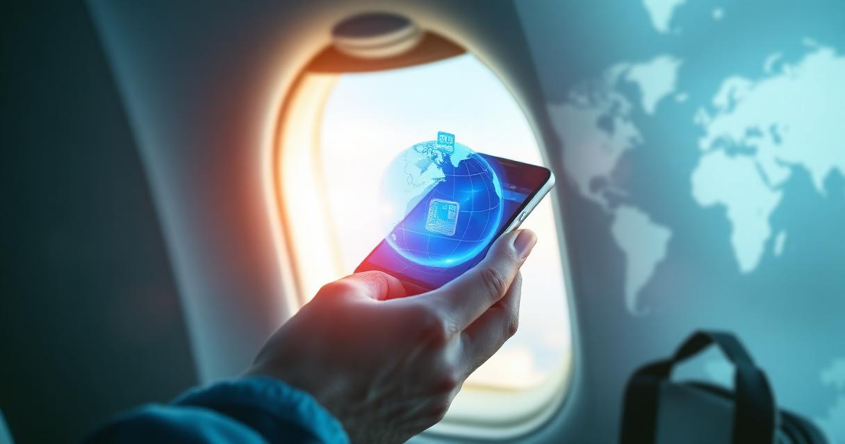 Viajante segurando smartphone com holograma de globo e chip eSIM em avião