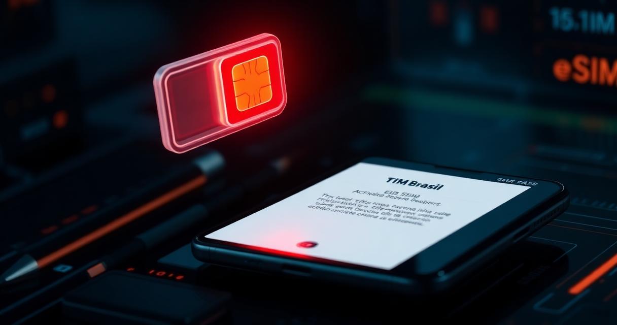 Smartphone Android com tela do app Meu TIM ativando eSIM com chip holográfico vermelho