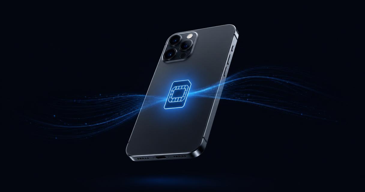 iPhone moderno com ícone holográfico de chip eSIM em azul elétrico sobre fundo escuro